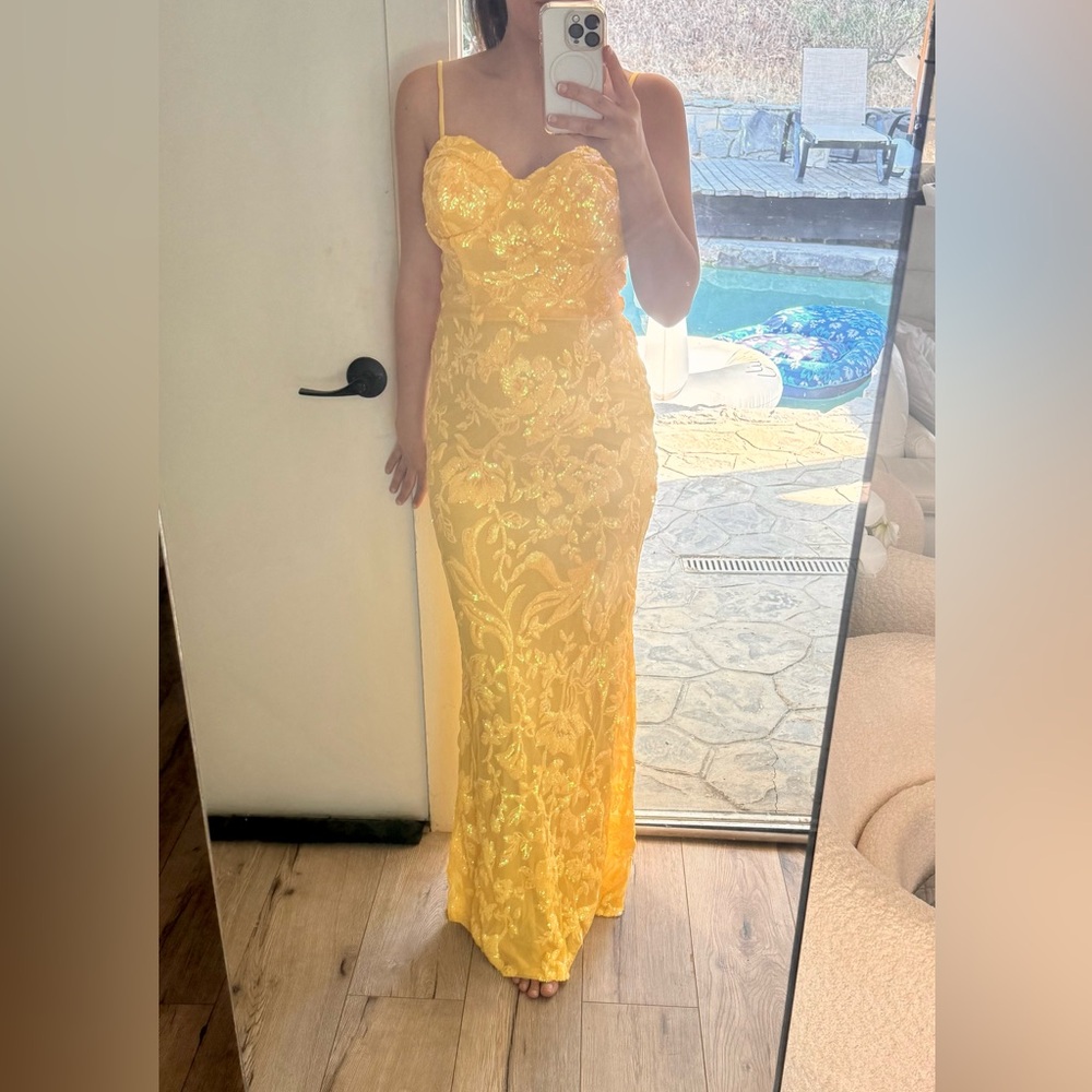 Yellow sequin Lace Evening Gown Maxi dress formal or wedding
